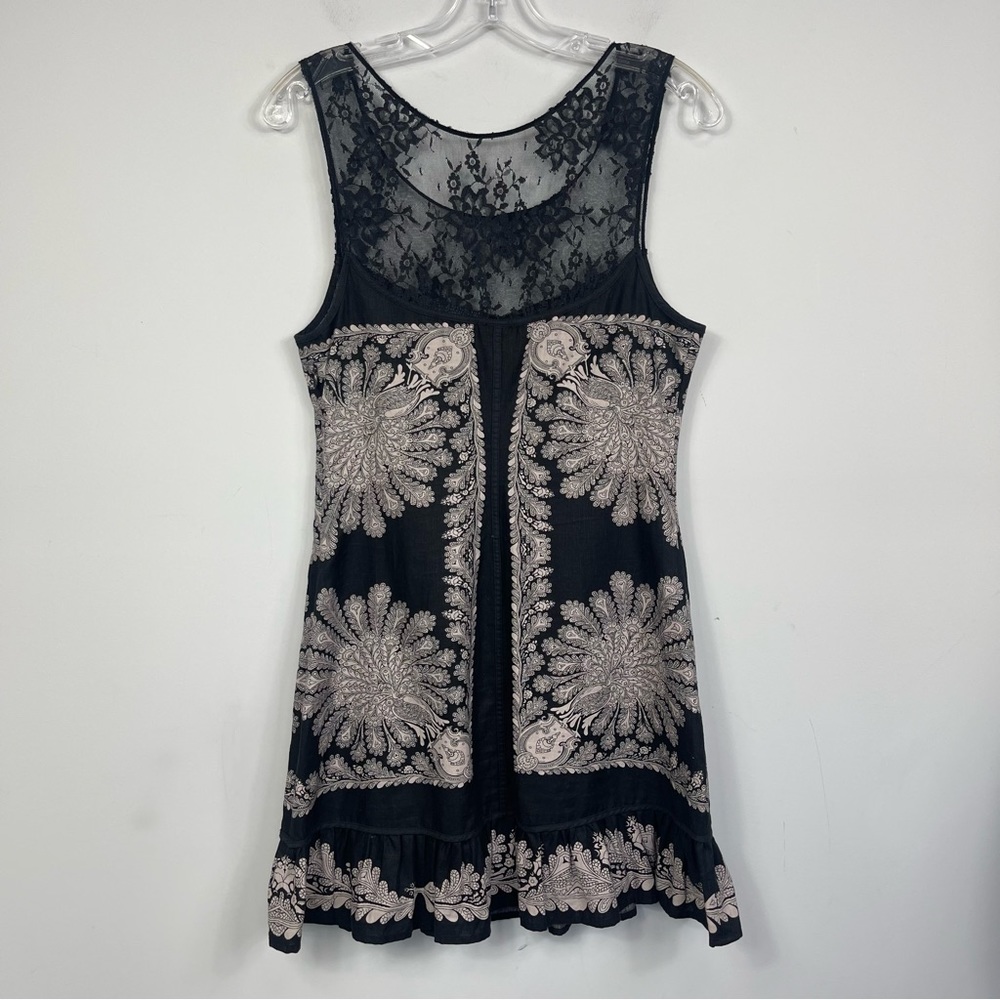Free People Peacock Shift Mini Dress 8 Linen Lace Ruffle Embroidered Boho Floral - Picture 8 of 16